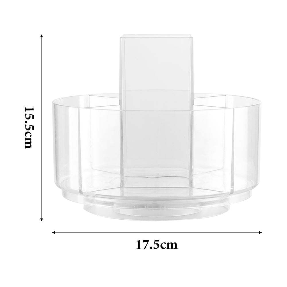 Transparent circular makeup organizer carousel with central brush holder and compartments
