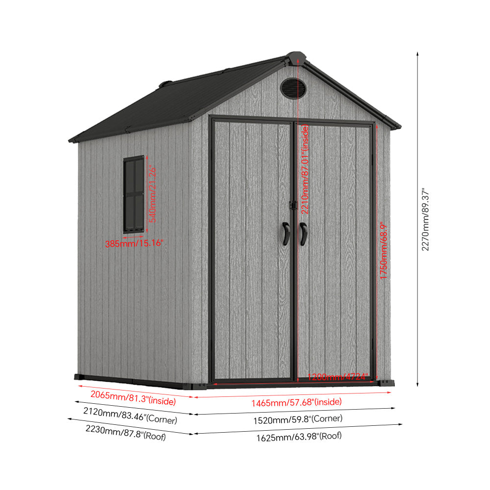 6ft Grey Wood Grain Tool Shed with Apex Roof & Lockable Door