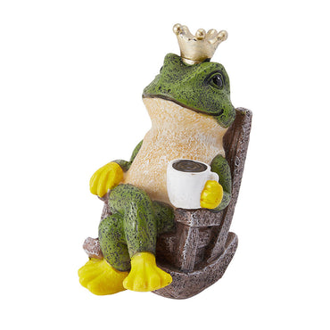 Resin frog prince figurine tabletop ornament side view, crown and mug on brown stone base