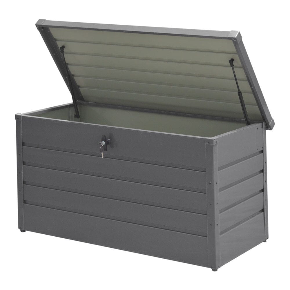 350L Grey Metal Garden Storage Box with Lock – Weatherproof Steel Deck Chest