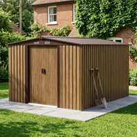 8x10ft Wood Grain Metal Garden Storage Shed With Double Sliding Doors