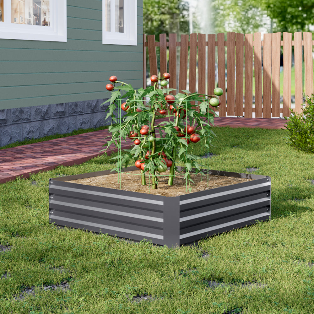 Medium Grey Galvanized Steel Square Raised Garden Bed with flourishing plants in a well-maintained garden setting