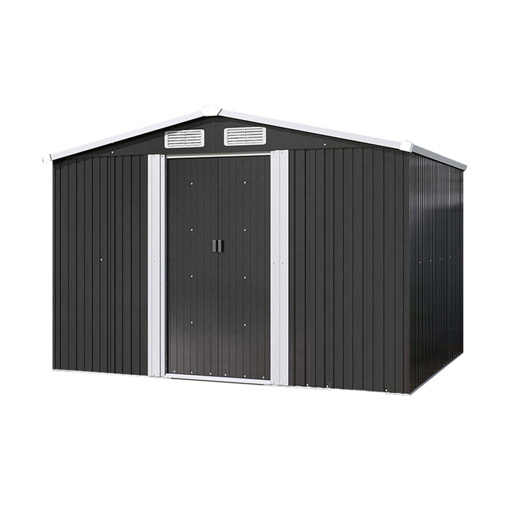 Black 6x8ft metal storage shed with gable roof and double doors, isolated on white background