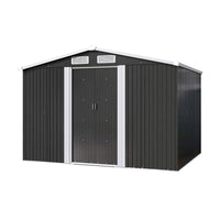 10x8ft black metal shed with gable roof and double doors on white background