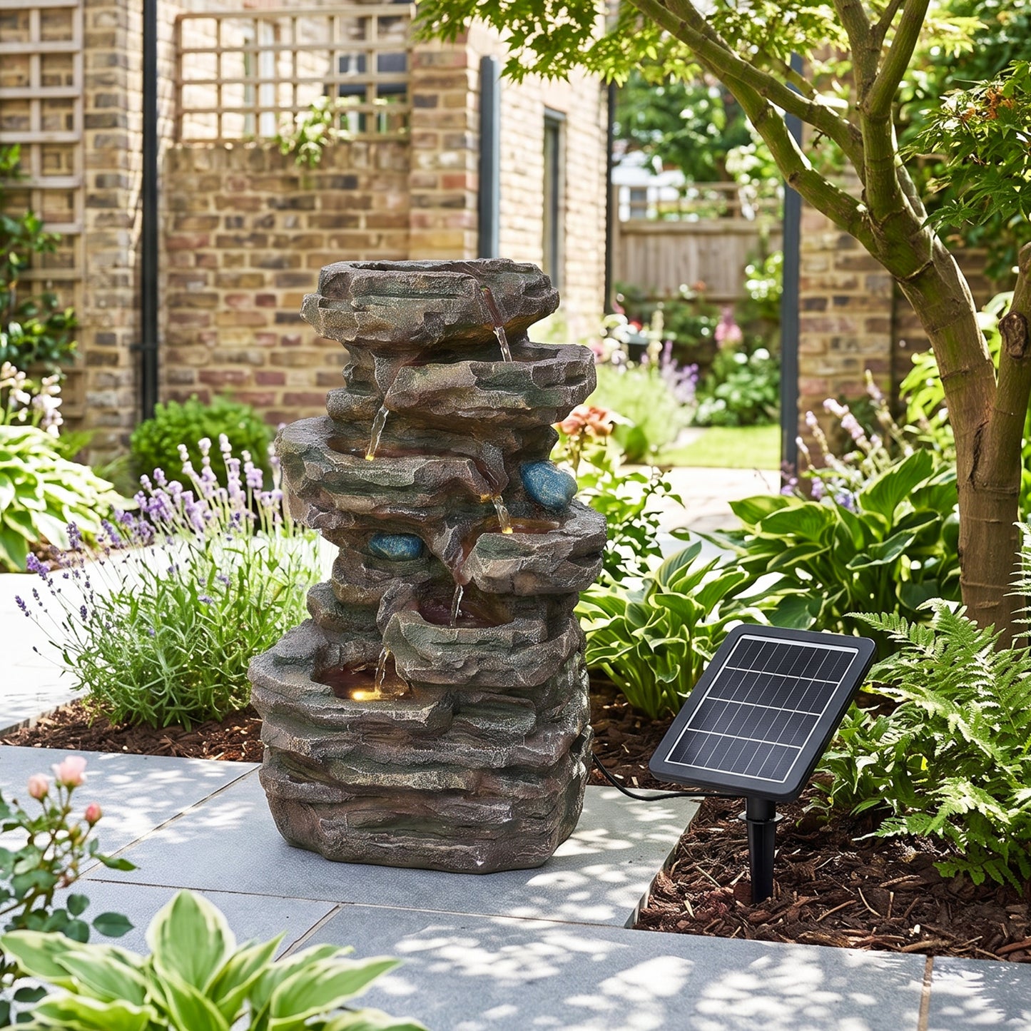 Solar-Powered Outdoor Garden Water Fountain with Cascading Tiers and LED Lights
