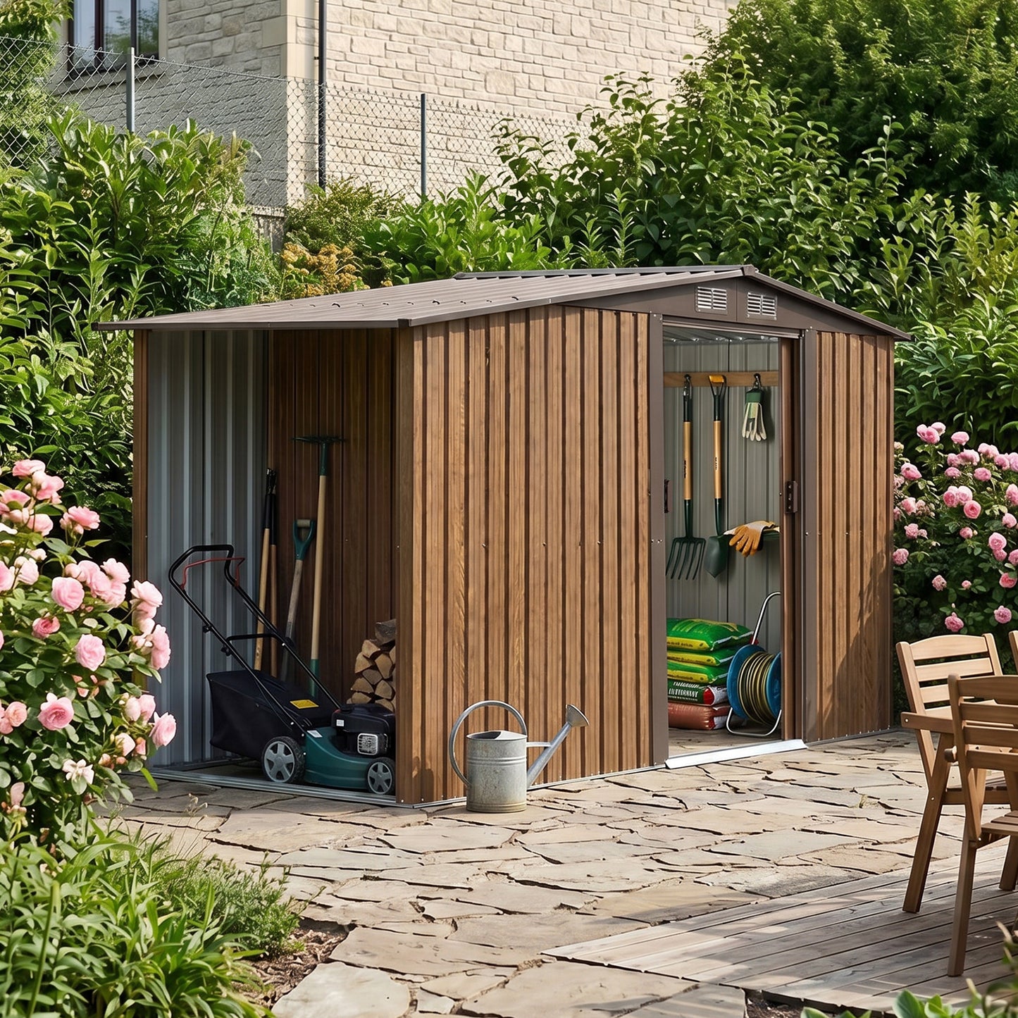 4x8FT Outdoor Metal Garden Tool Storage Shed with Log Storage