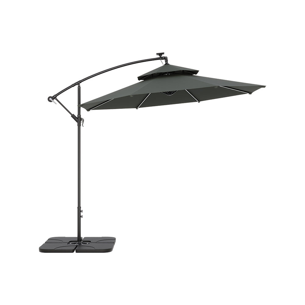 Octagon Double-Top Lighted Cantilever Parasol Umbrella with Base