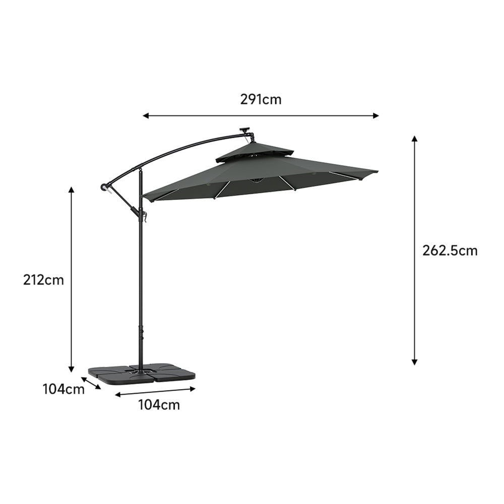 Octagon Double-Top Lighted Cantilever Parasol Umbrella with Base