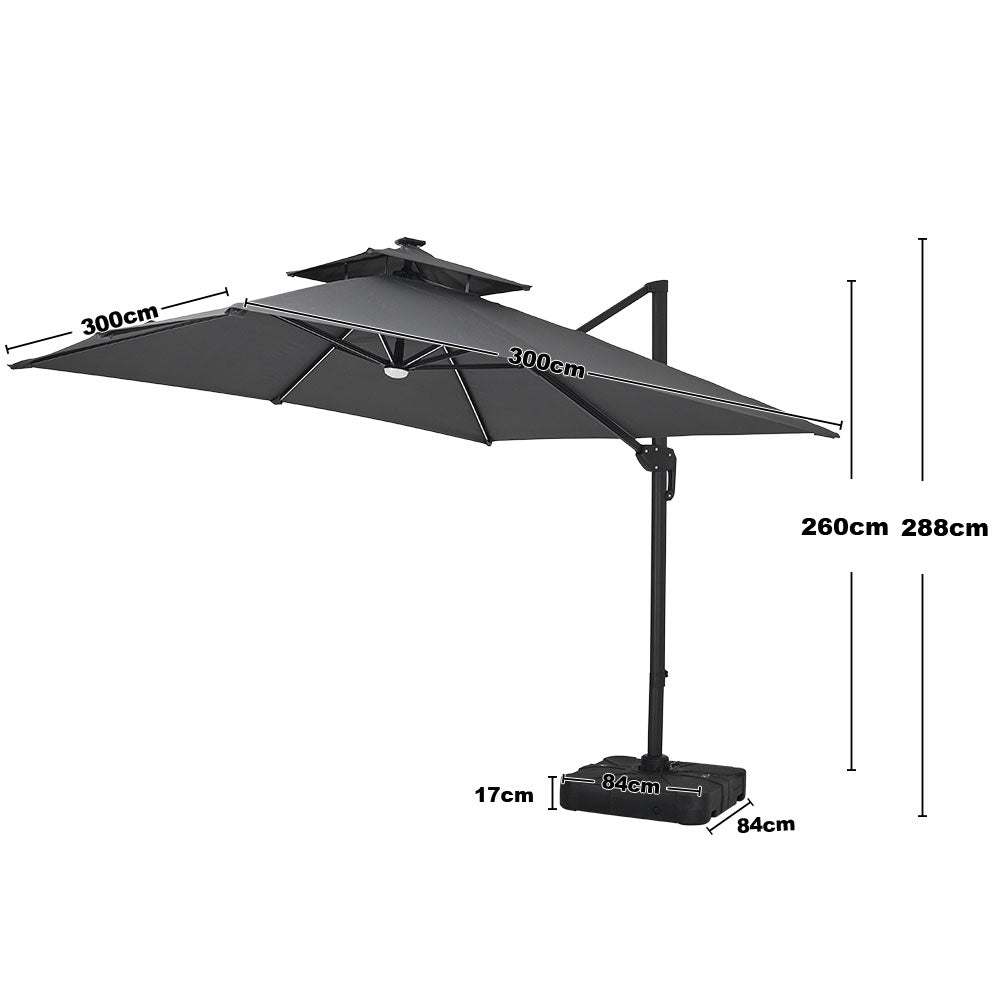 3M Garden Square Solar-Power LED Cantilever Parasol Umbrella