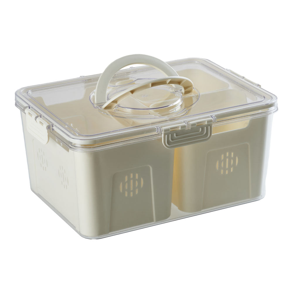Three-compartment fridge storage container with clear lid and built-in carrying handle
