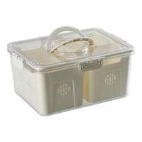 Three-compartment fridge storage container with clear lid and built-in carrying handle