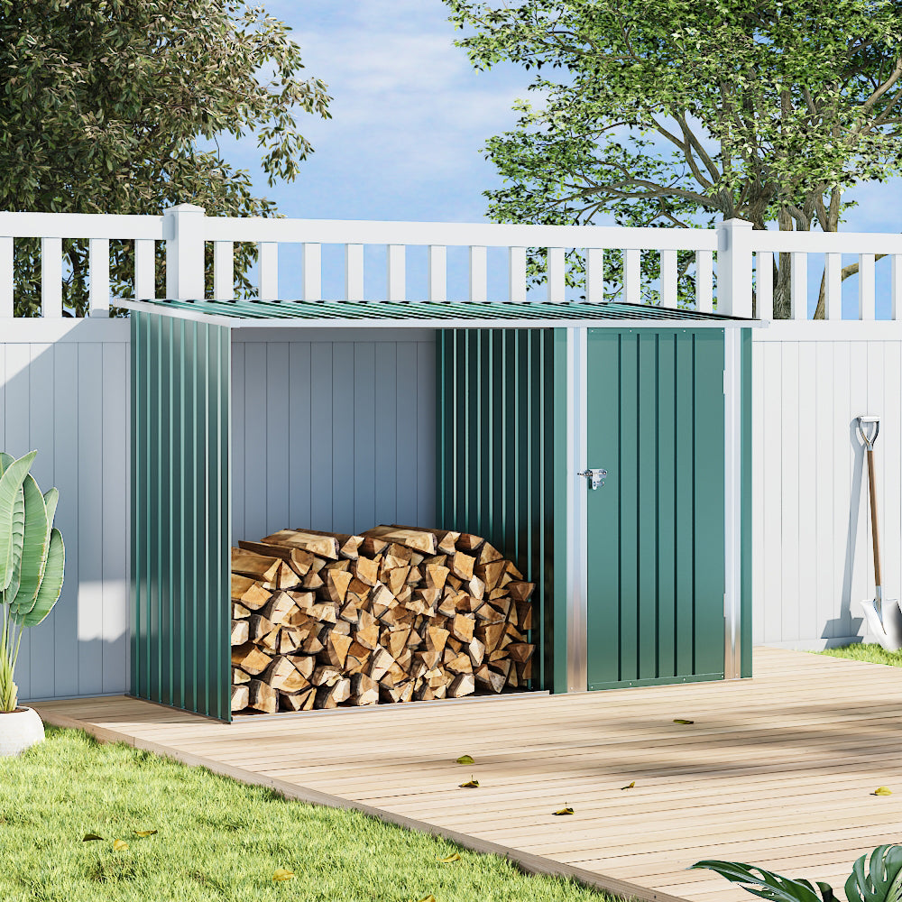 Green 8x3ft Metal Log Shed Placed Against Garden Wall – Open Front for Easy Wood Access