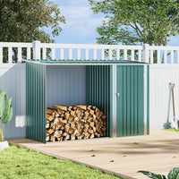 Green 8x3ft Metal Log Shed Placed Against Garden Wall – Open Front for Easy Wood Access