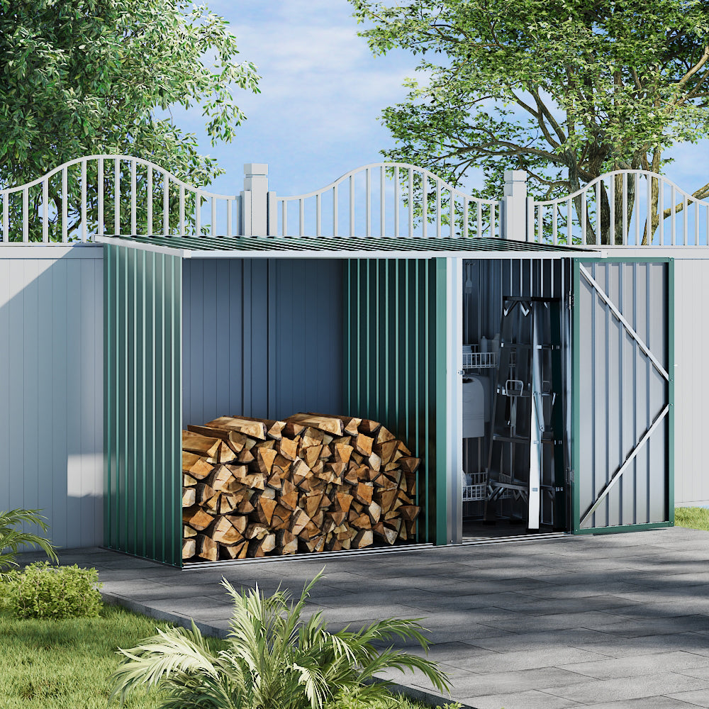 8x3ft Green Outdoor Metal Firewood Log Shed with Sloped Roof – Weather-Resistant Garden Storage