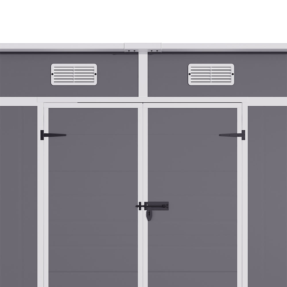 close-up of door handles and ventilation panels on 6x4ft light grey plastic outdoor storage shed