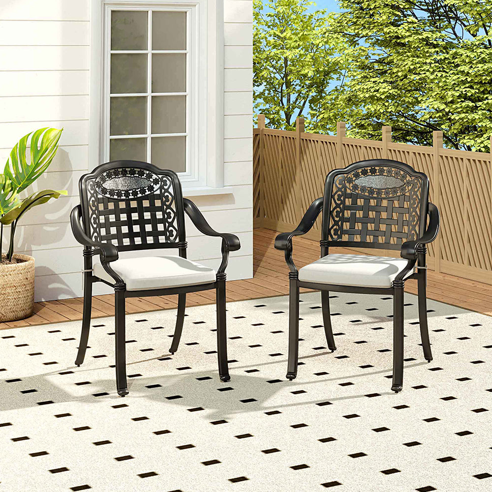 Set of 2 Cast Aluminium Garden Patio Chairs with Cushions