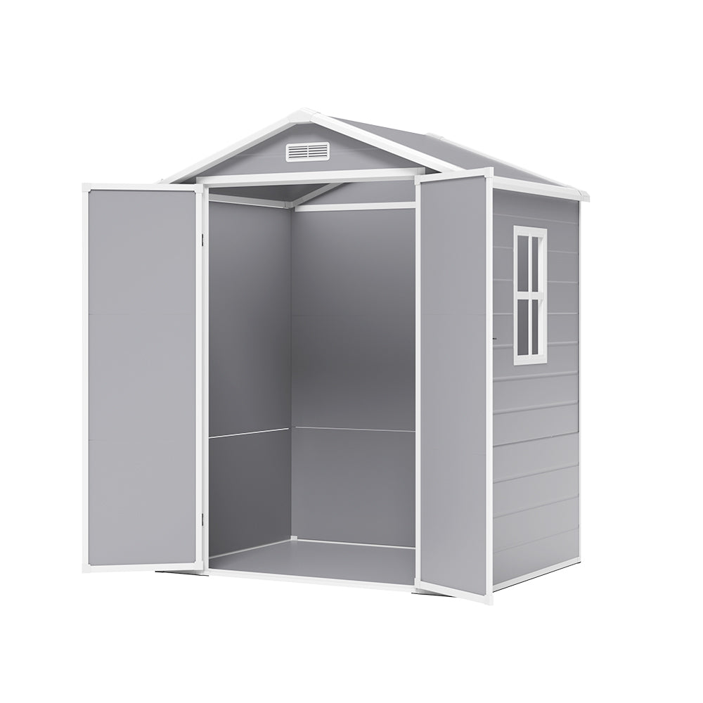 6x4ft grey outdoor garden storage shed with secure lockable door, isolated on white background