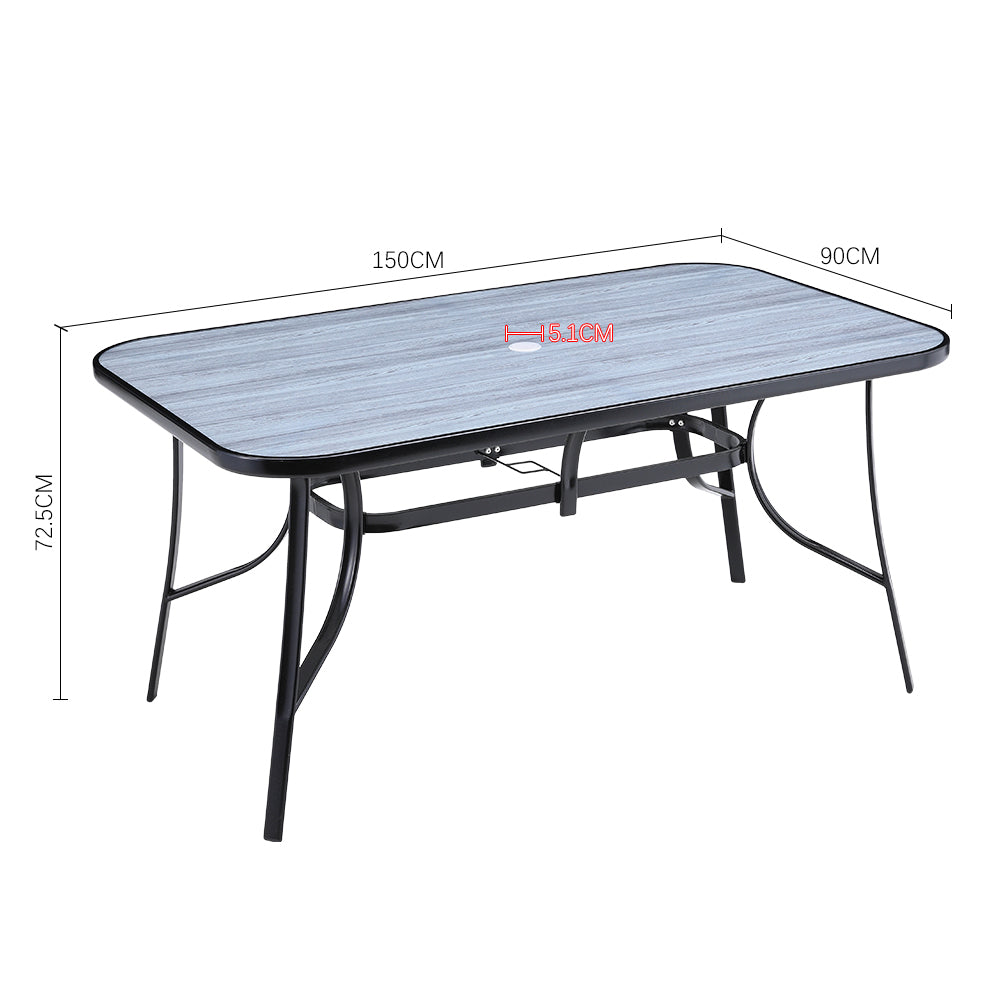 Dimensions layout of 152 x 92 cm black outdoor tempered glass table with wood grain look