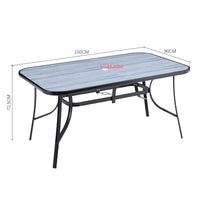 Dimensions layout of 152 x 92 cm black outdoor tempered glass table with wood grain look