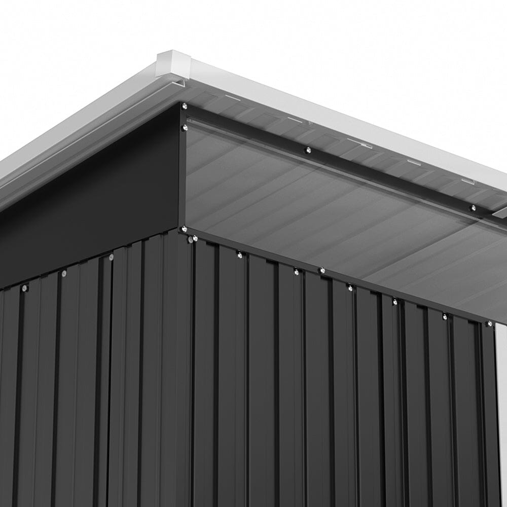 Low-angle view of 9x6ft metal shed’s reinforced corner and sloped roof – designed for durability and rain runoff