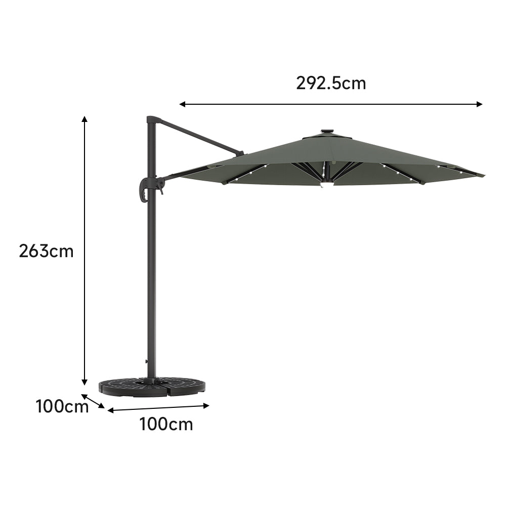 Round Cantilever Garden Parasol Umbrella with Solar Light and Base