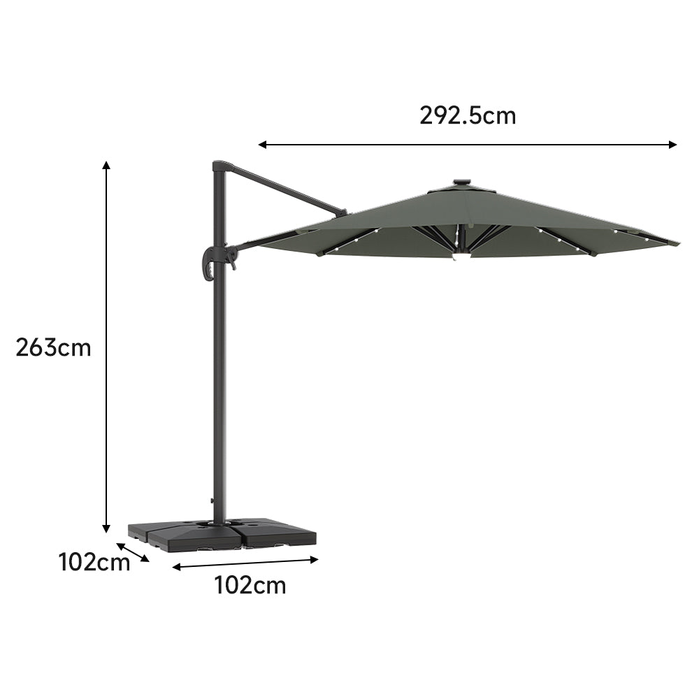 Round Cantilever Garden Parasol Umbrella with Solar Light and Base