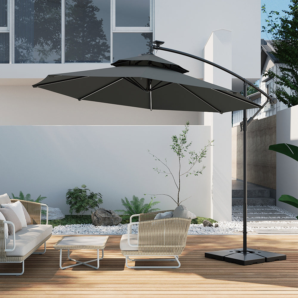 Octagon Double-Top Lighted Cantilever Parasol Umbrella with Base