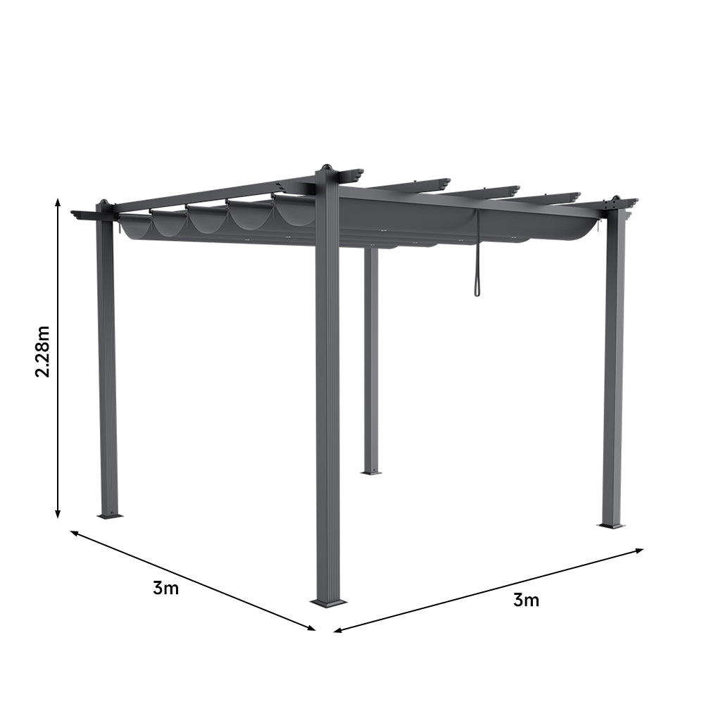 Dimensions of 300cm Black Aluminum Pergola with Retractable Canopy – Outdoor Shade Structure Size Guide