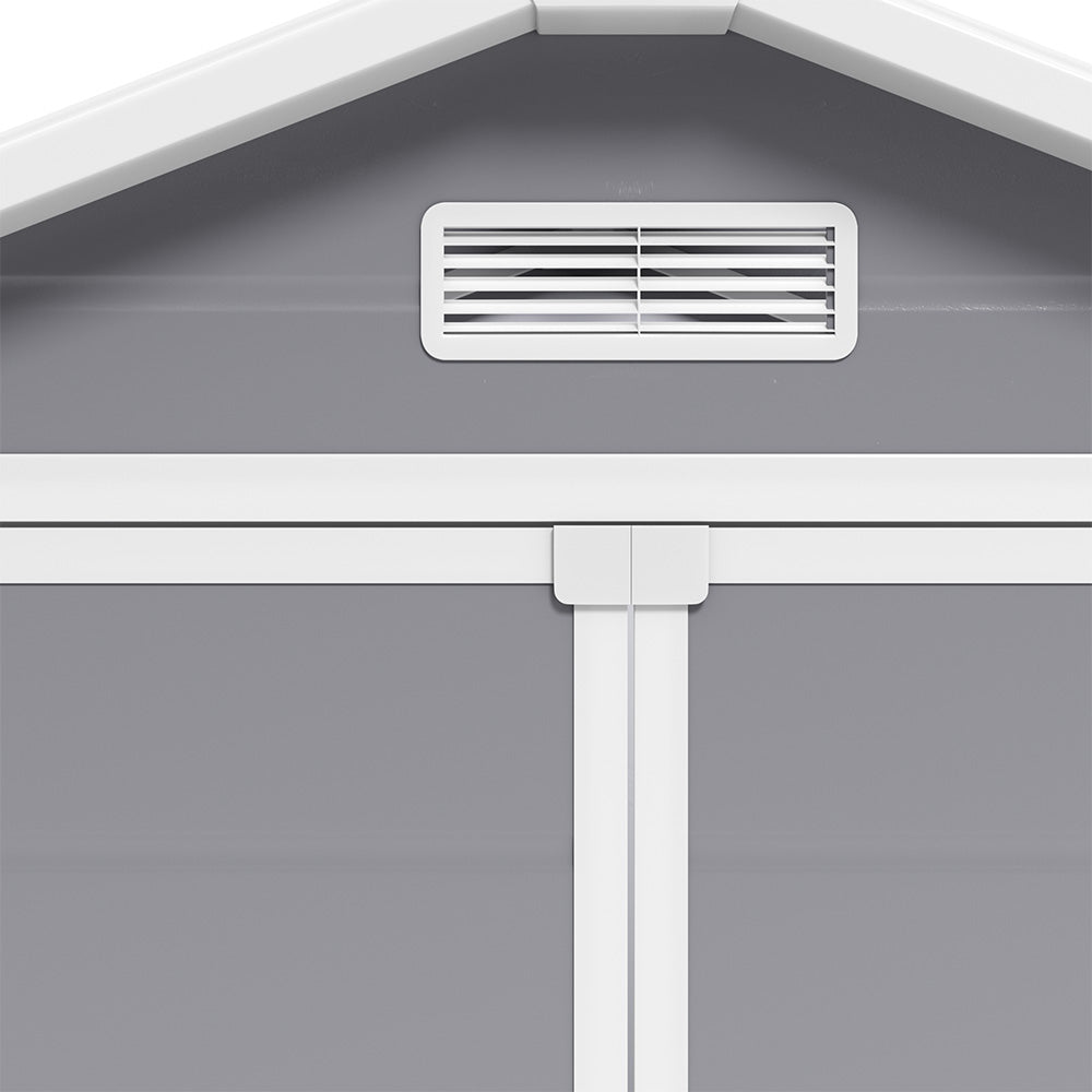 close-up detail of ventilation panel on 6x4ft grey garden storage shed for improved airflow