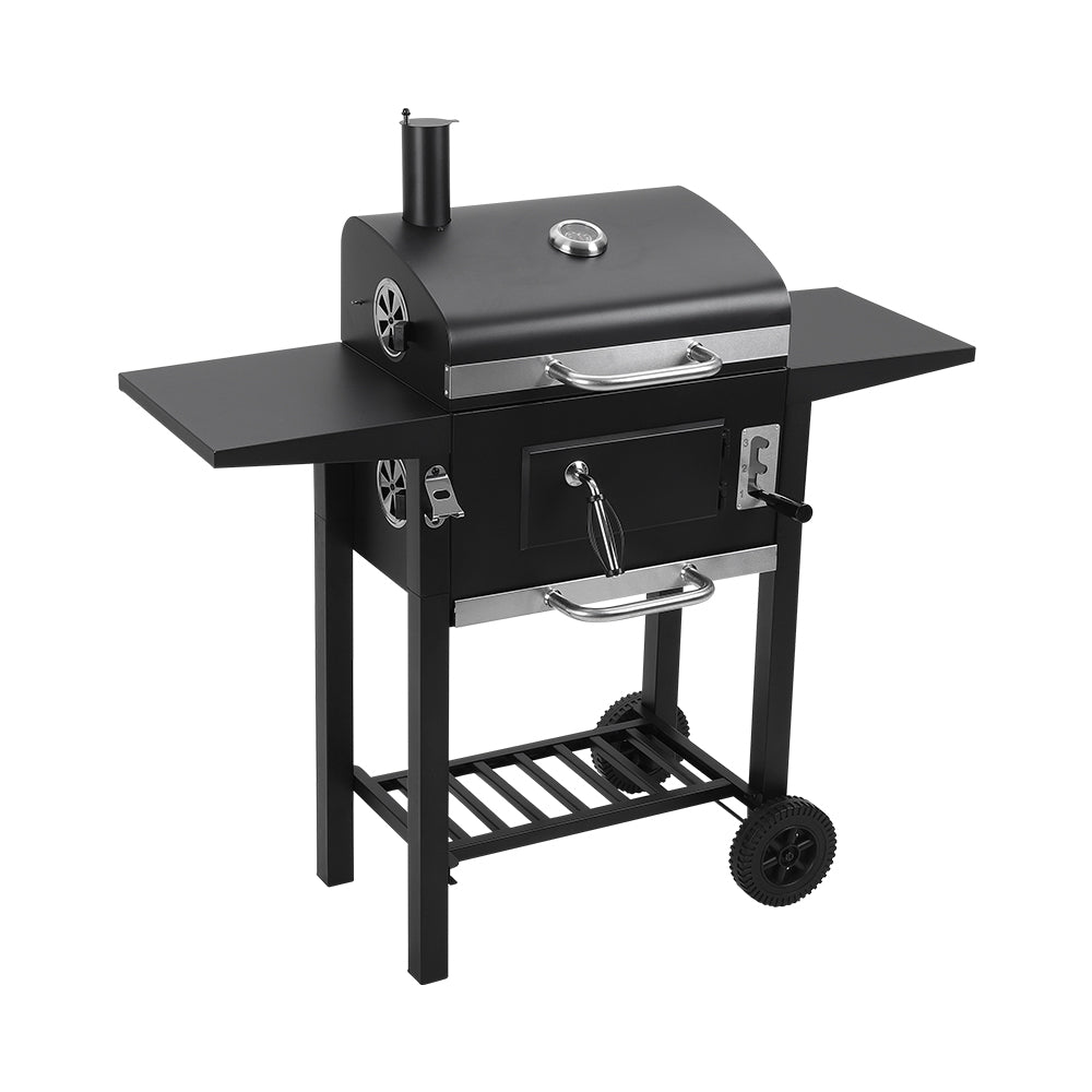 Black outdoor charcoal BBQ grill with wheels and chimney, 109cm x 33cm x 106.5cm – clean product view