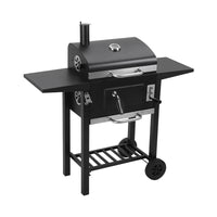Black outdoor charcoal BBQ grill with wheels and chimney, 109cm x 33cm x 106.5cm – clean product view