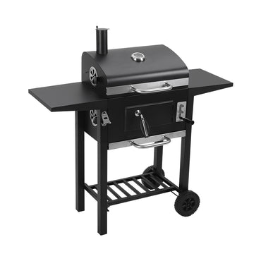 Black outdoor charcoal BBQ grill with wheels and chimney, 109cm x 33cm x 106.5cm – clean product view