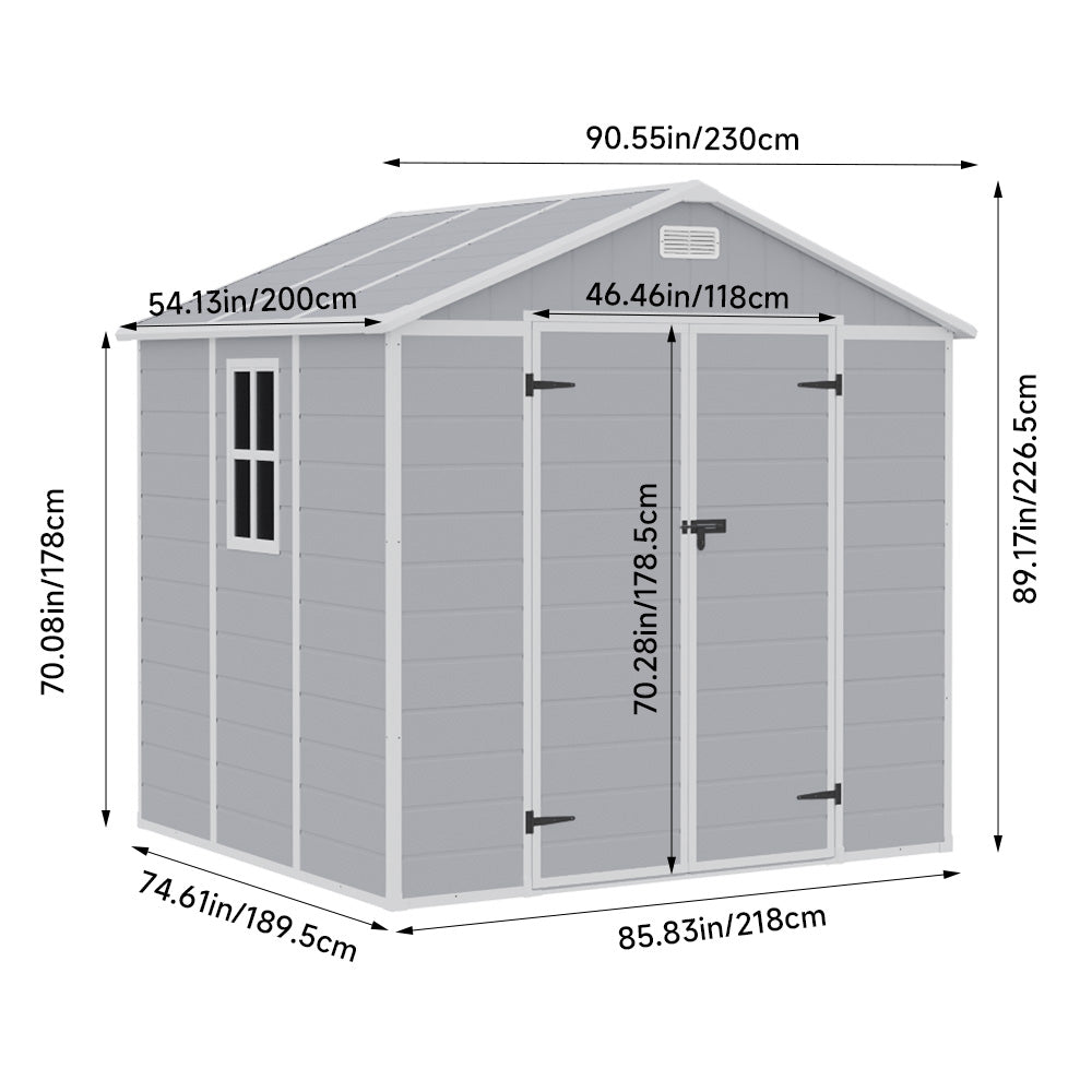 Detailed size diagram of 8x6ft grey plastic garden shed – plan your space with accurate external measurements