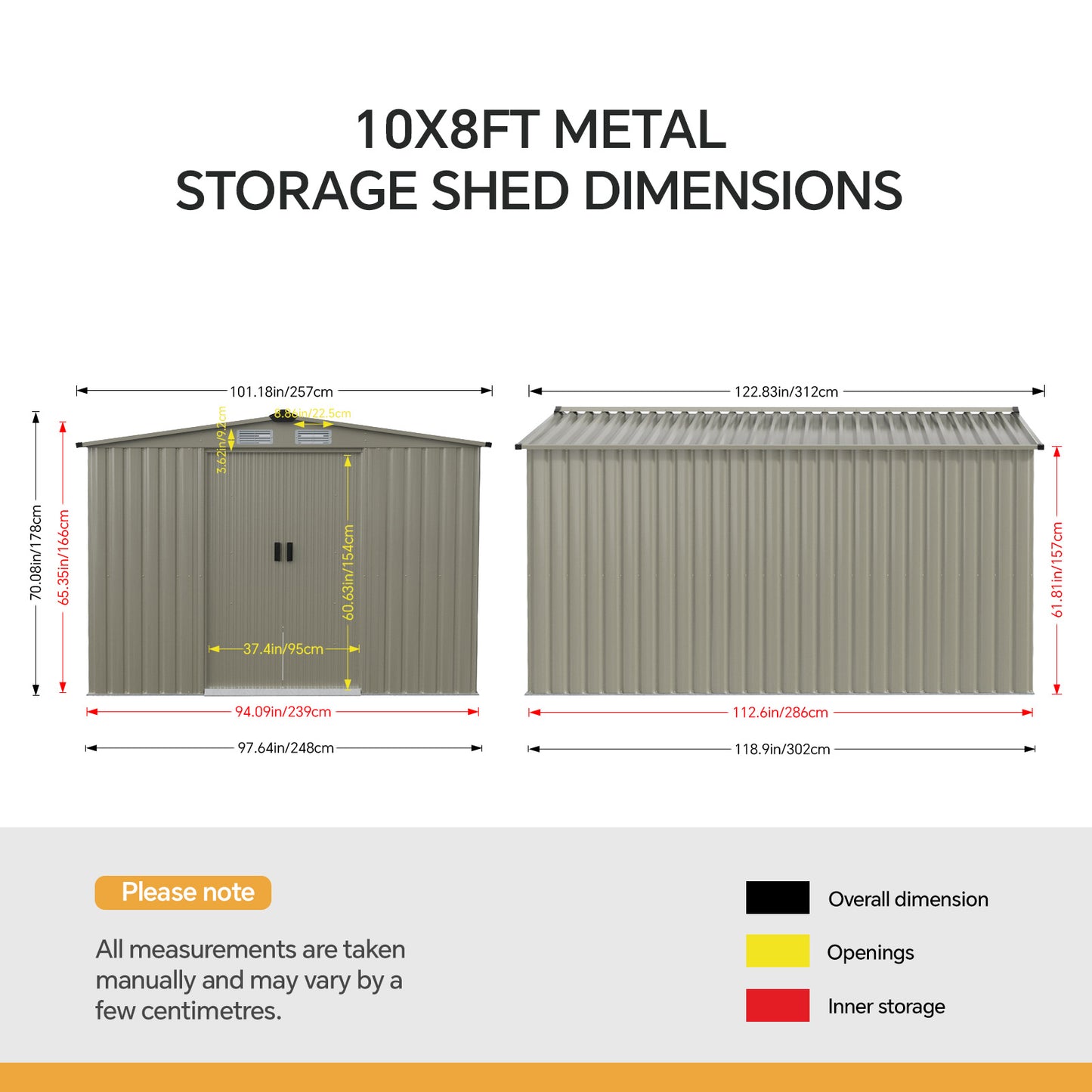 8x10ft Metal Double Sliding Doors Garden Storage Shed With Apex Roof 4 Vents