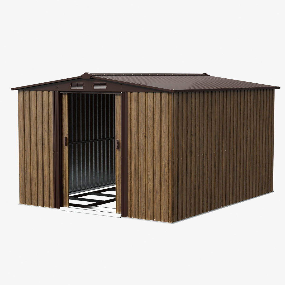 8x10ft Wood Grain Metal Garden Storage Shed With Double Sliding Doors
