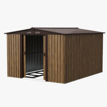 8x10ft Wood Grain Metal Garden Storage Shed With Double Sliding Doors