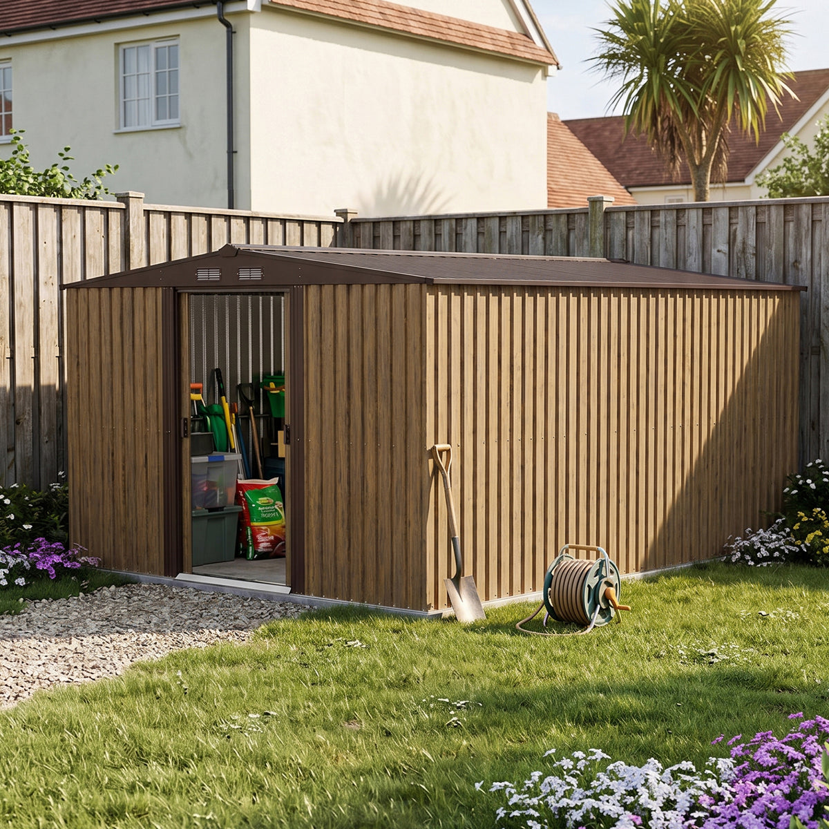 10x12ft Wood Grain Metal Garden Storage Shed With Double Sliding Doors