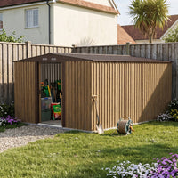 10x12ft Wood Grain Metal Garden Storage Shed With Double Sliding Doors