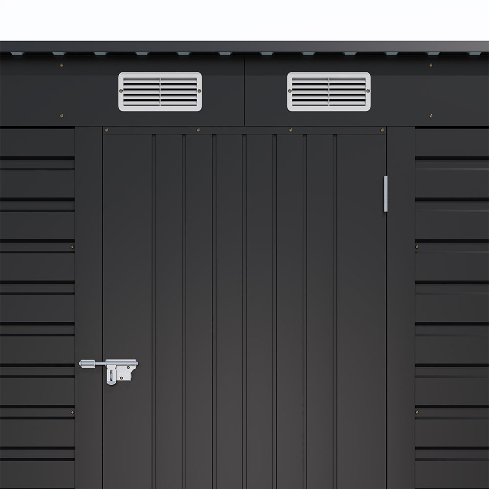 Close-up of lockable door handle and ventilation panel on 6x4ft galvanized steel garden shed – enhanced airflow and security