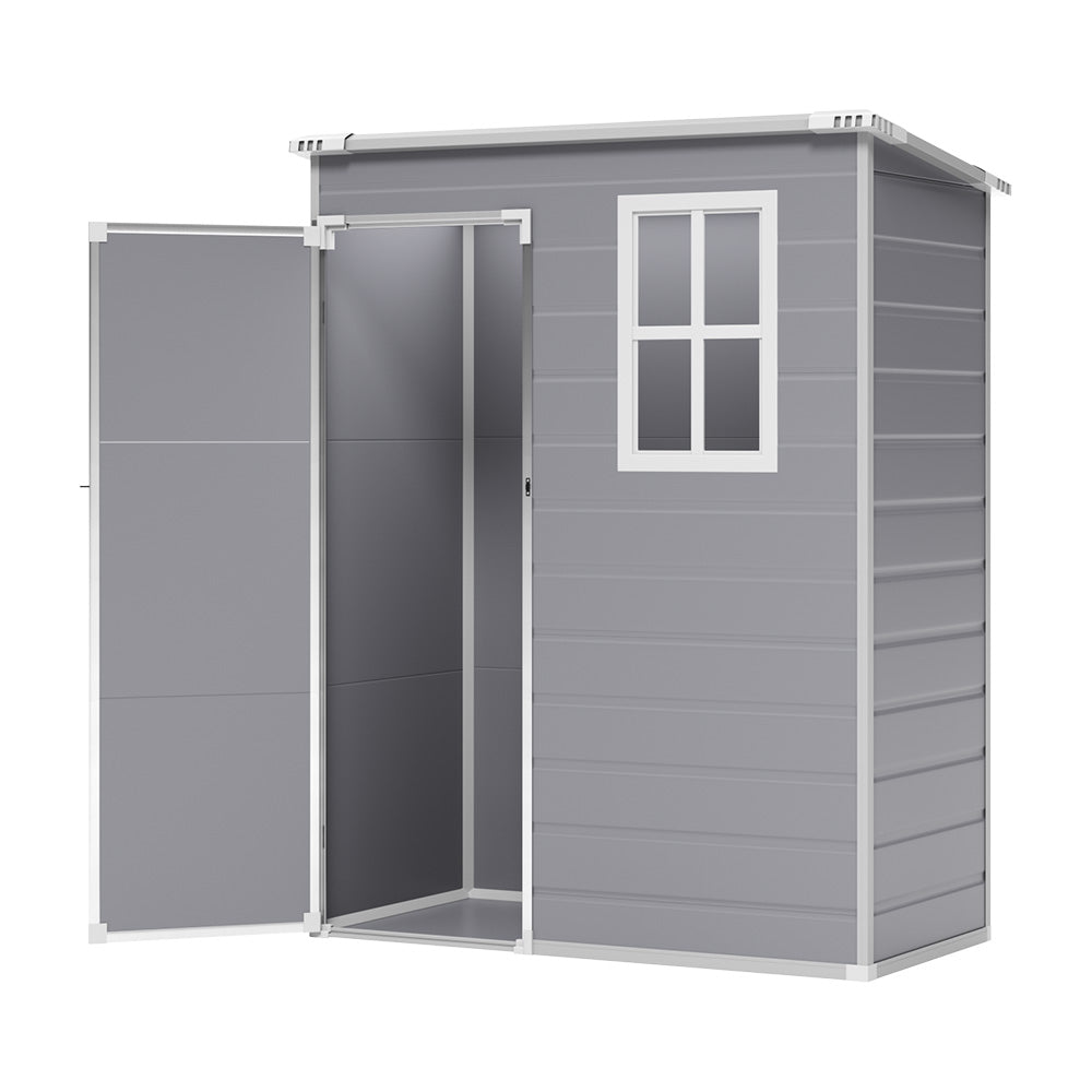 5x3ft grey plastic outdoor garden storage shed with sloped roof on white background