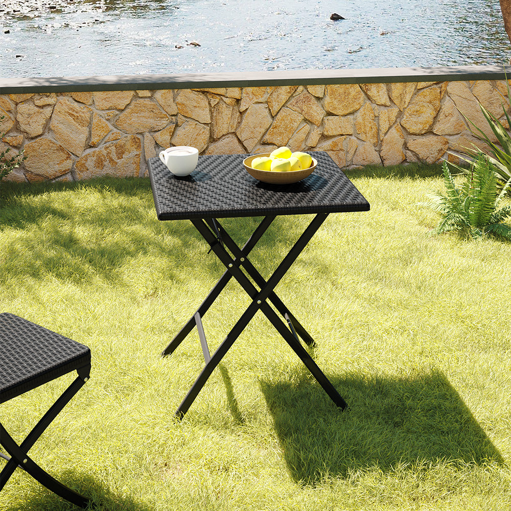 Square Folding Rattan Camping Table Set Up on Patio - Ideal for outdoor dining, camping, and garden seating