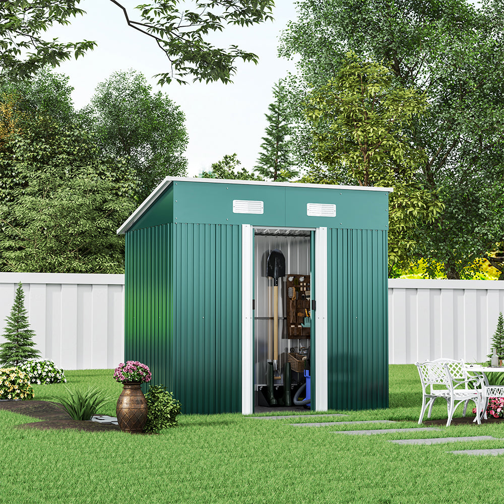 4x6ft Metal Garden Storage Shed with Pent Roof & Sliding Door