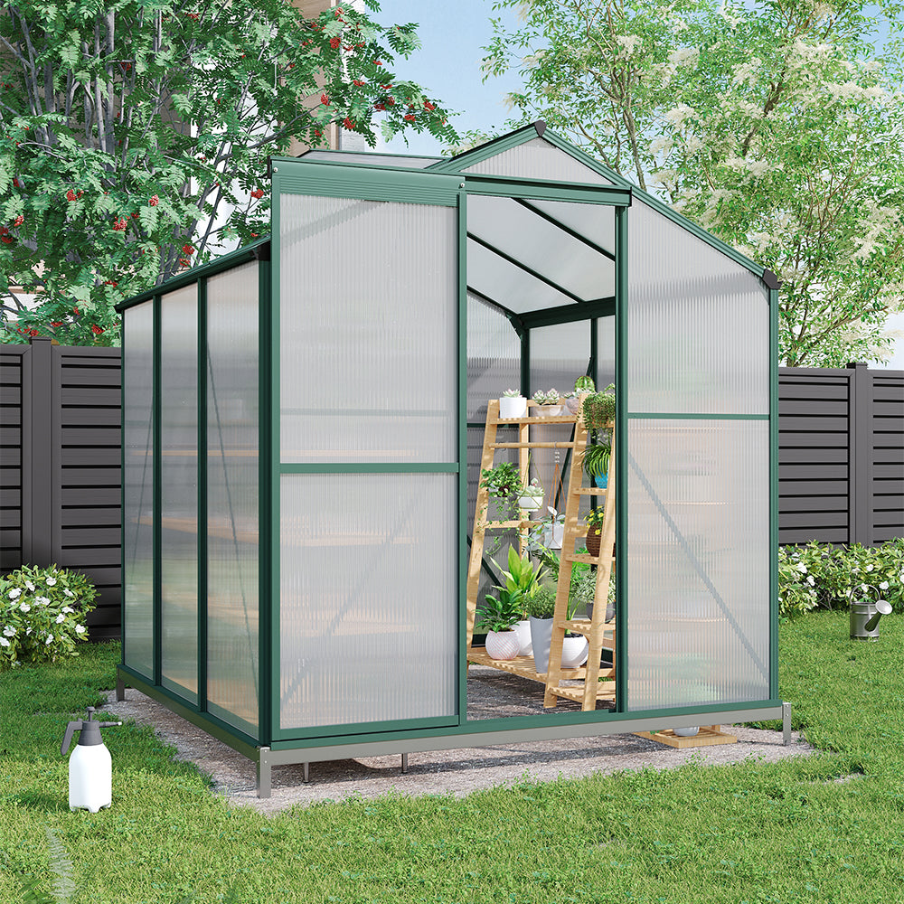 6x6ft Green Garden Greenhouse With Base and Roof Vent – Front View with Reinforced Frame