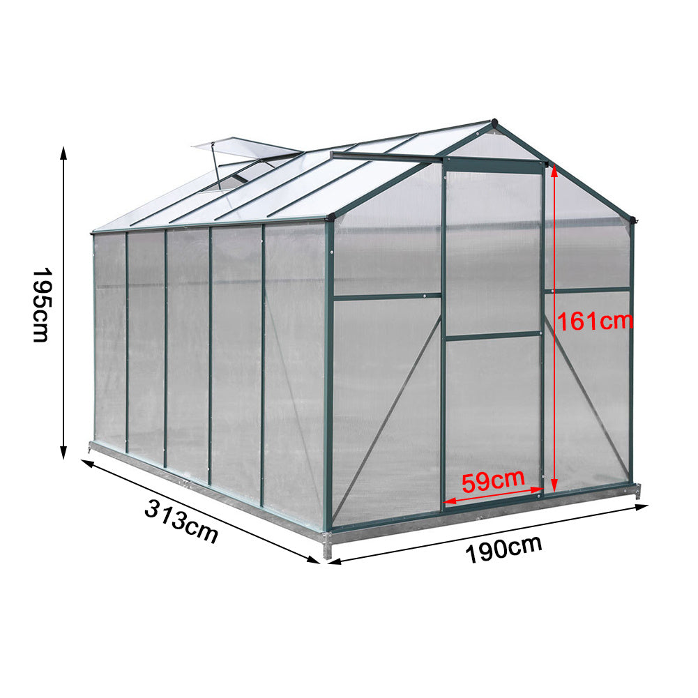 Dimension Diagram of 10x6ft Green Polycarbonate Garden Greenhouse – Full Measurements in cm