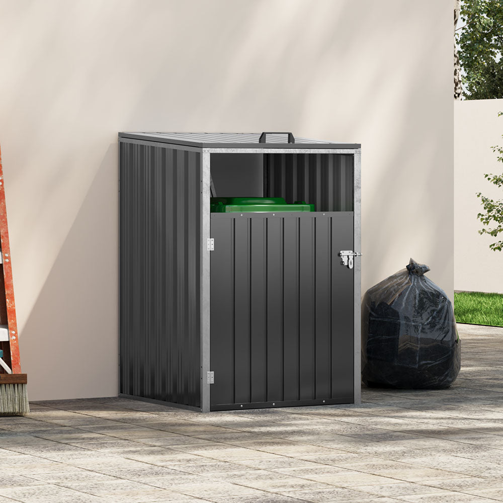 3x3ft galvanized steel outdoor garbage can shed – left side view against garden wall