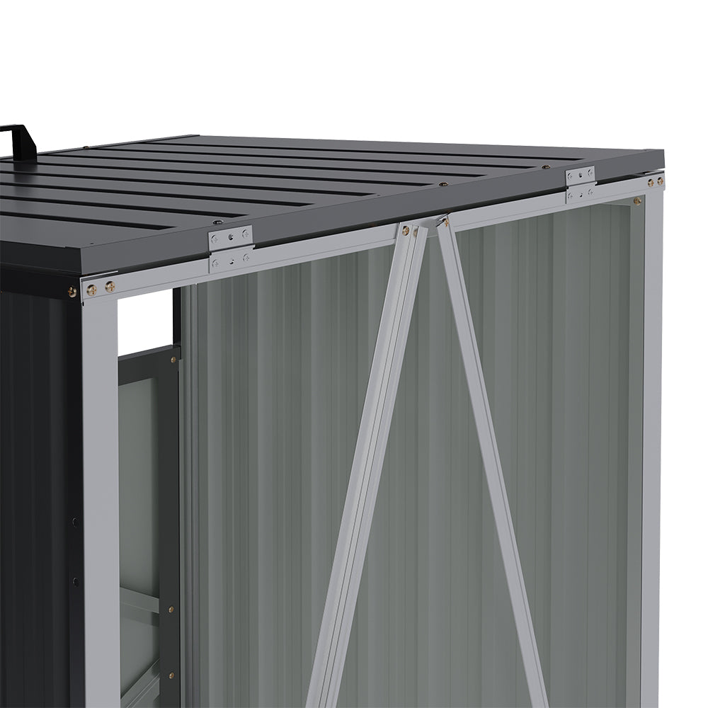 Rear panel close-up of charcoal black galvanized steel garbage shed – durable rust-resistant construction