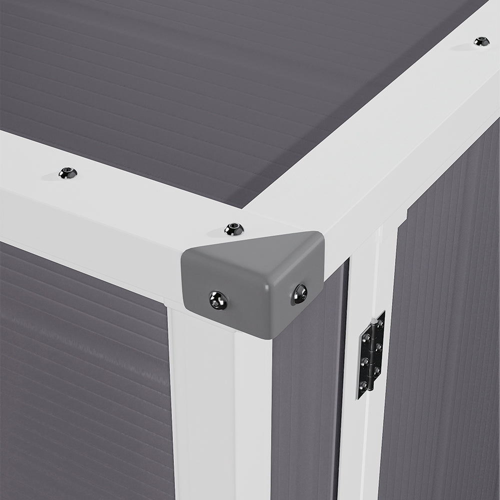 Detail of corner panel and weatherproof aluminum surface on 5x2ft grey garden shed