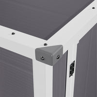 Detail of corner panel and weatherproof aluminum surface on 5x2ft grey garden shed