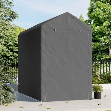 Dark grey 4x6ft garden storage shed in backyard – durable galvanized shed blending into outdoor space