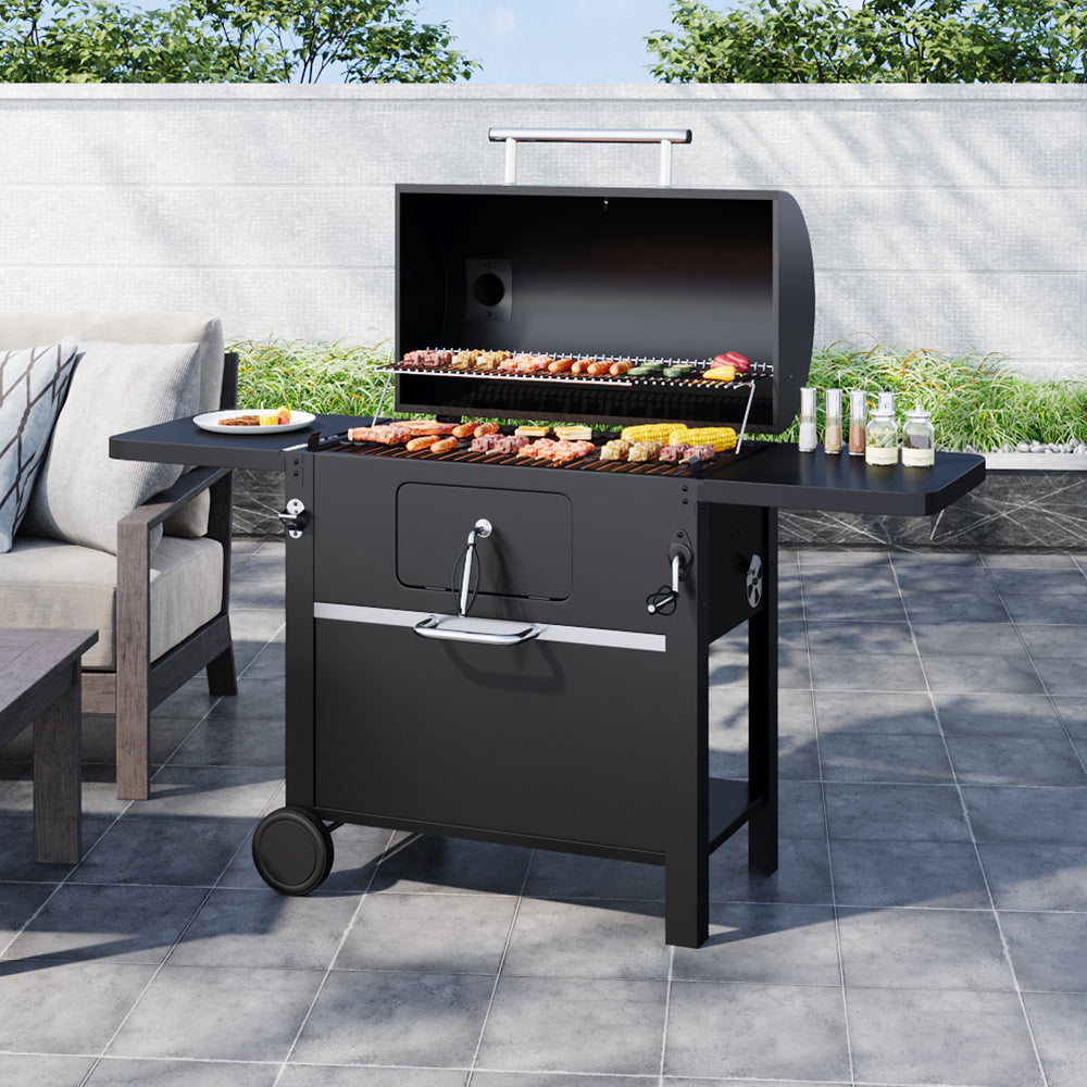 Backyard Setup with Black Carbon Steel BBQ Grill – Outdoor Charcoal Cooking with Smoke Stack and Side Shelves